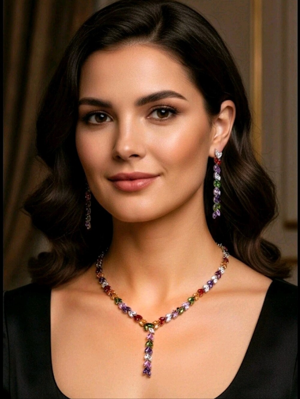 Multicolor Crystal Leaf Necklace and Earrings Set